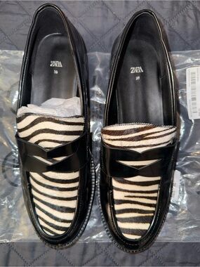 Zara Black Loafers with Zebra-Print Vamp